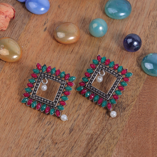 Multicolored Stone Studded Square German Silver Earrings
