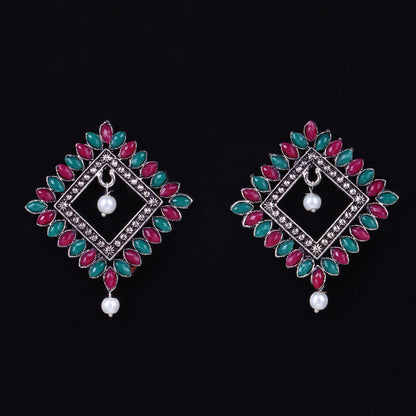 Multicolored Stone Studded Square German Silver Earrings