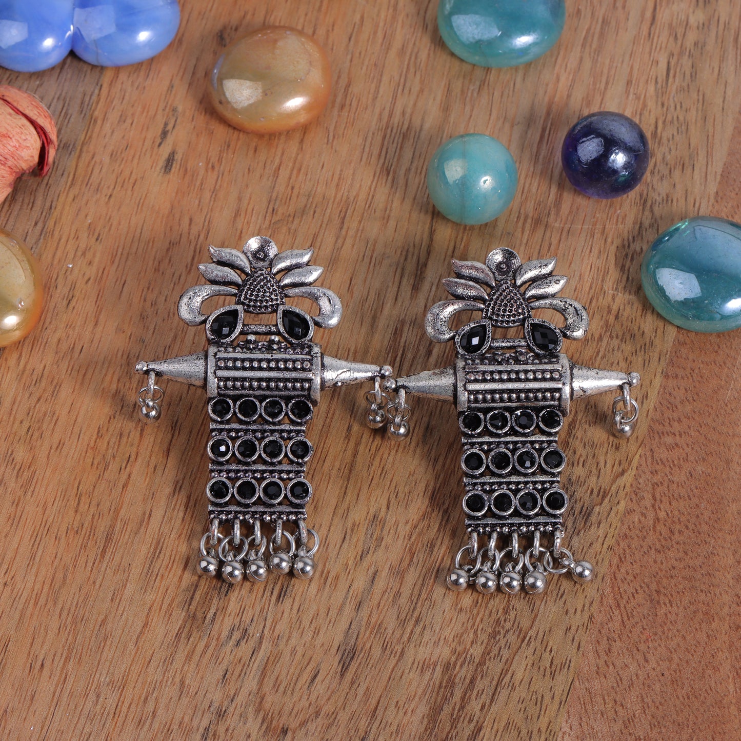 Black Stone Studded Oxidised Earrings With Hanging Ghunghuroo