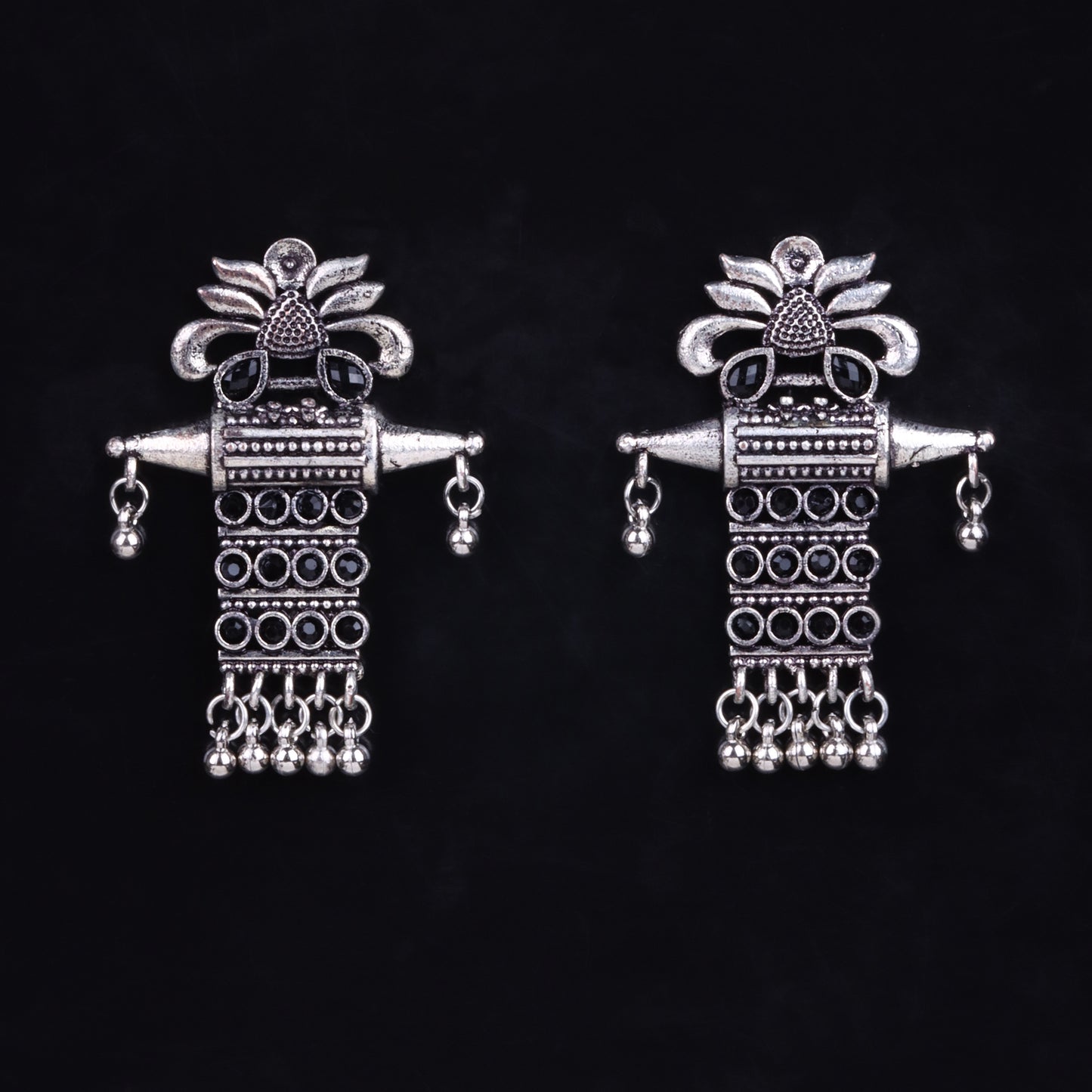 Black Stone Studded Oxidised Earrings With Hanging Ghunghuroo