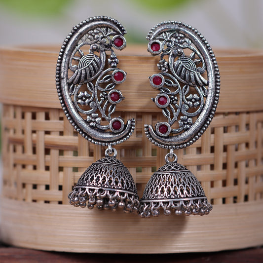 Red Stone Studded Statement Dangler Earrings