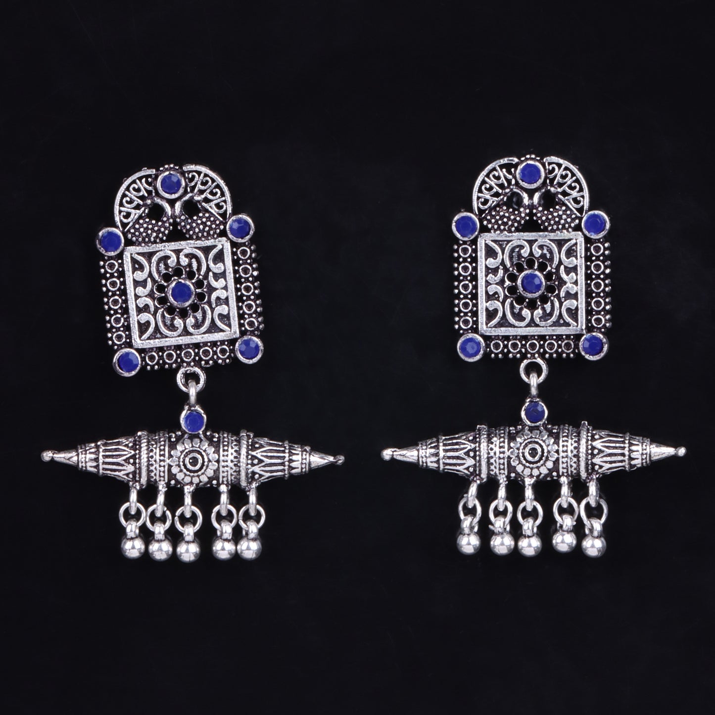 Blue Stone Studded Oxidised Statement Earrings With Hanging Ghunghuroo