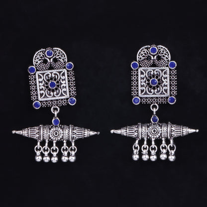 Blue Stone Studded Oxidised Statement Earrings With Hanging Ghunghuroo
