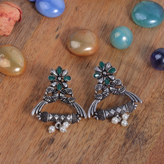 Green Stone Studded Elegant Earrings With Hanging Baby Pearls