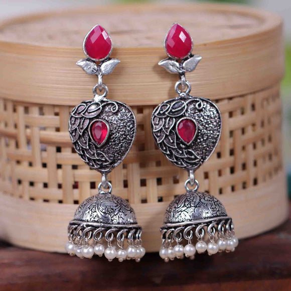 Red Stone Studded Danglers With Hanging Jhumka