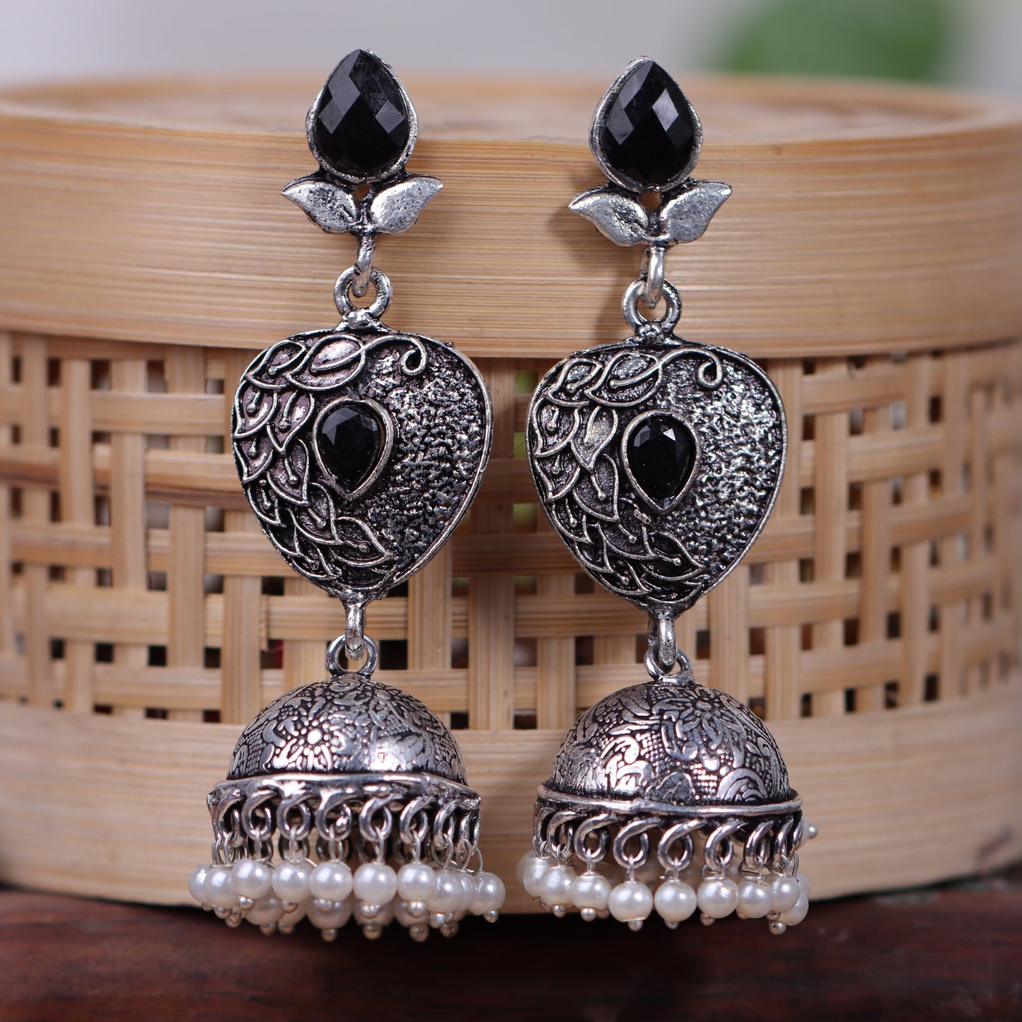 Black Stone Studded Danglers With Hanging Jhumka