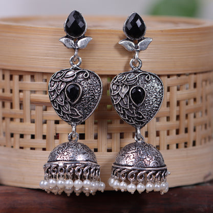 Black Stone Studded Danglers With Hanging Jhumka