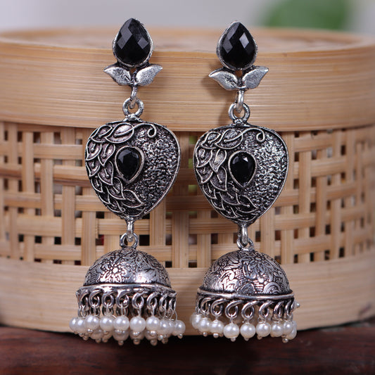 Black Stone Studded Danglers With Hanging Jhumka
