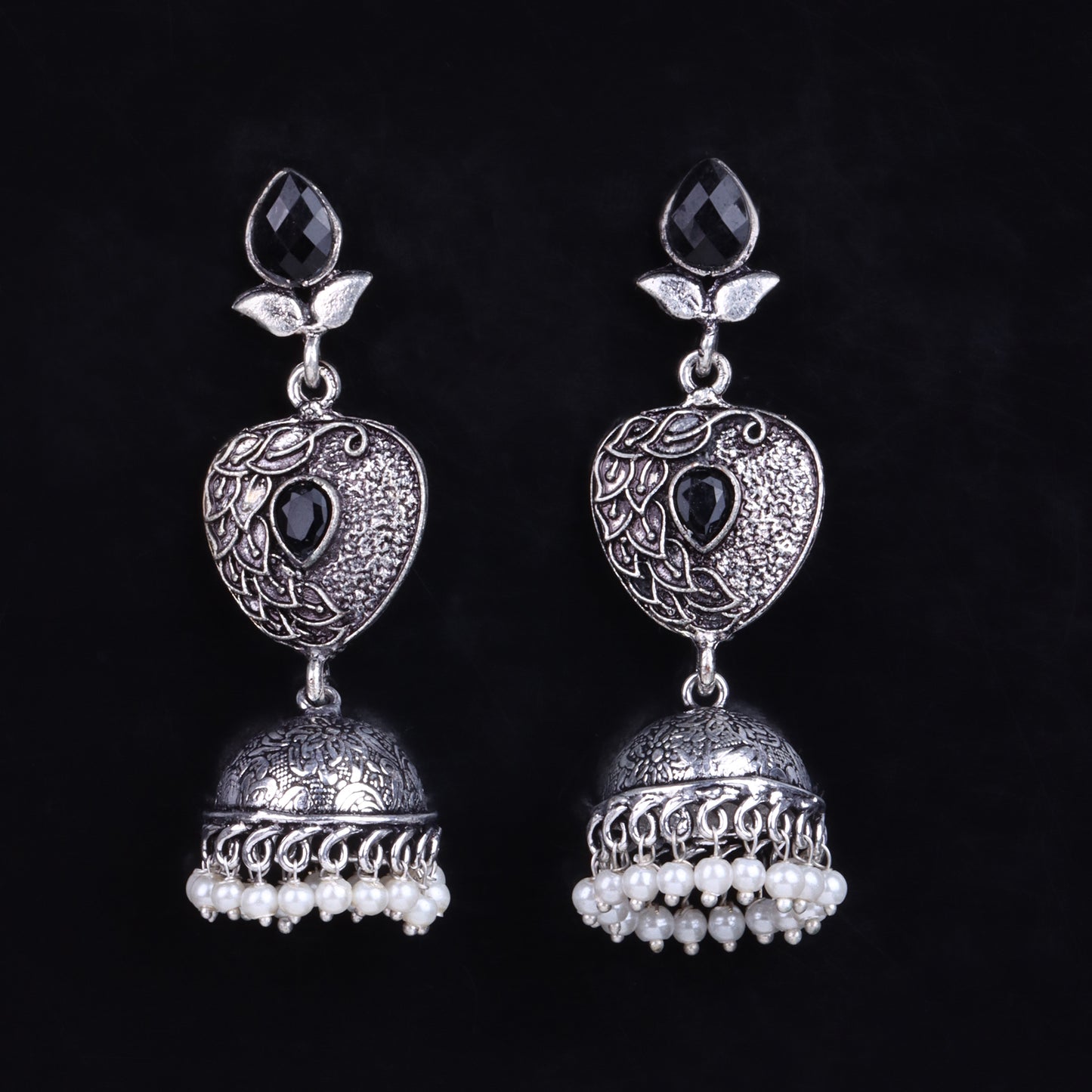 Black Stone Studded Danglers With Hanging Jhumka