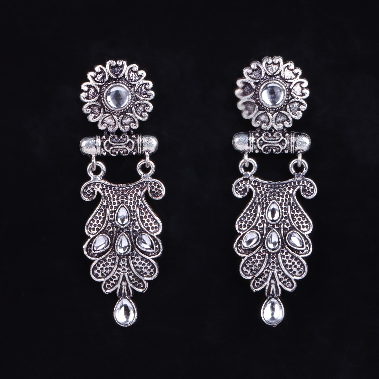 White Stone Studded Rajwada Style Oxidised Earrings
