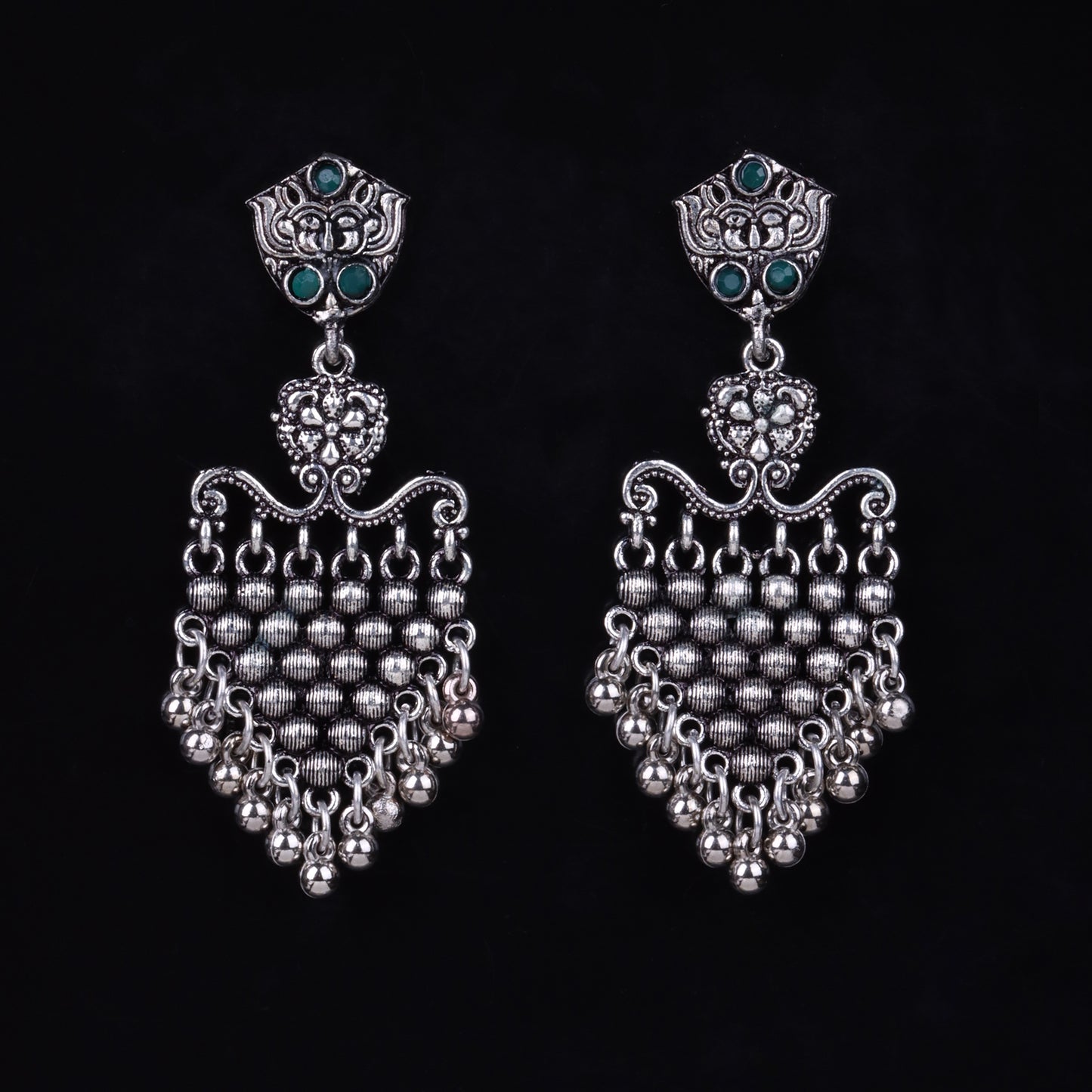 Green Stone Studded Intricate Oxidised Dangler Earrings