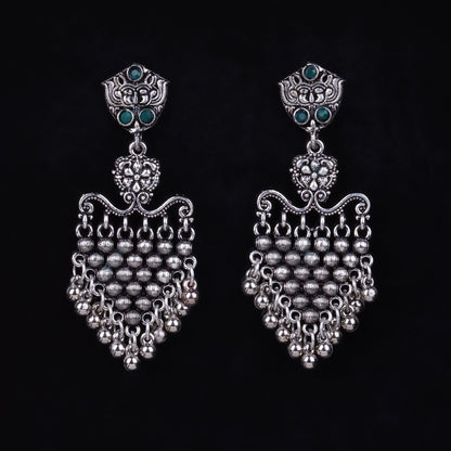 Green Stone Studded Intricate Oxidised Dangler Earrings
