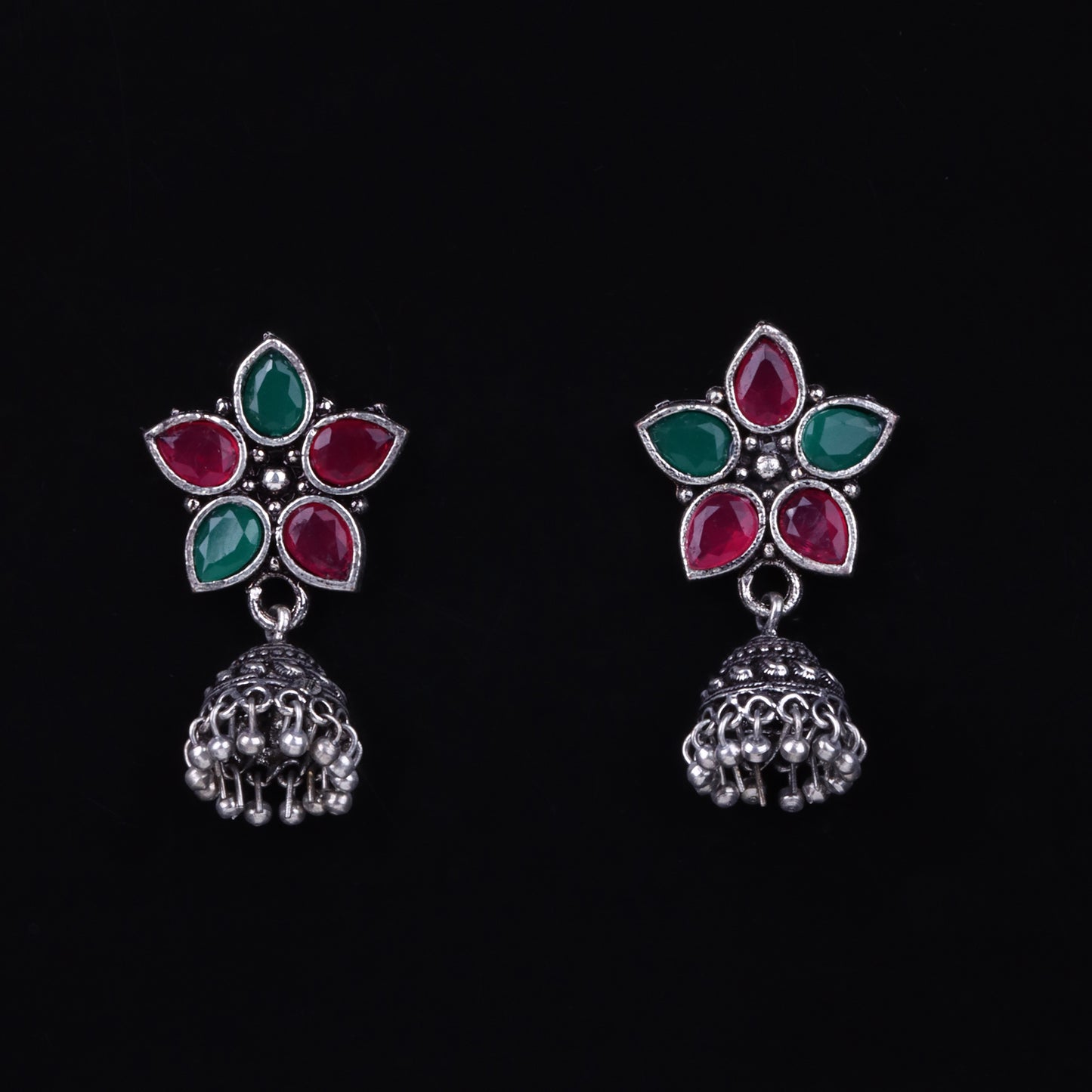 Multicolor Stone Studded Oxidised Dangler With Hanging Jhumki Earrings