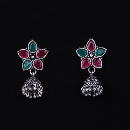 Multicolor Stone Studded Oxidised Dangler With Hanging Jhumki Earrings