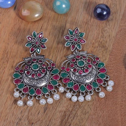 Multicolored Stone Studded Statement Oxidised Earrings With Hanging Pearls
