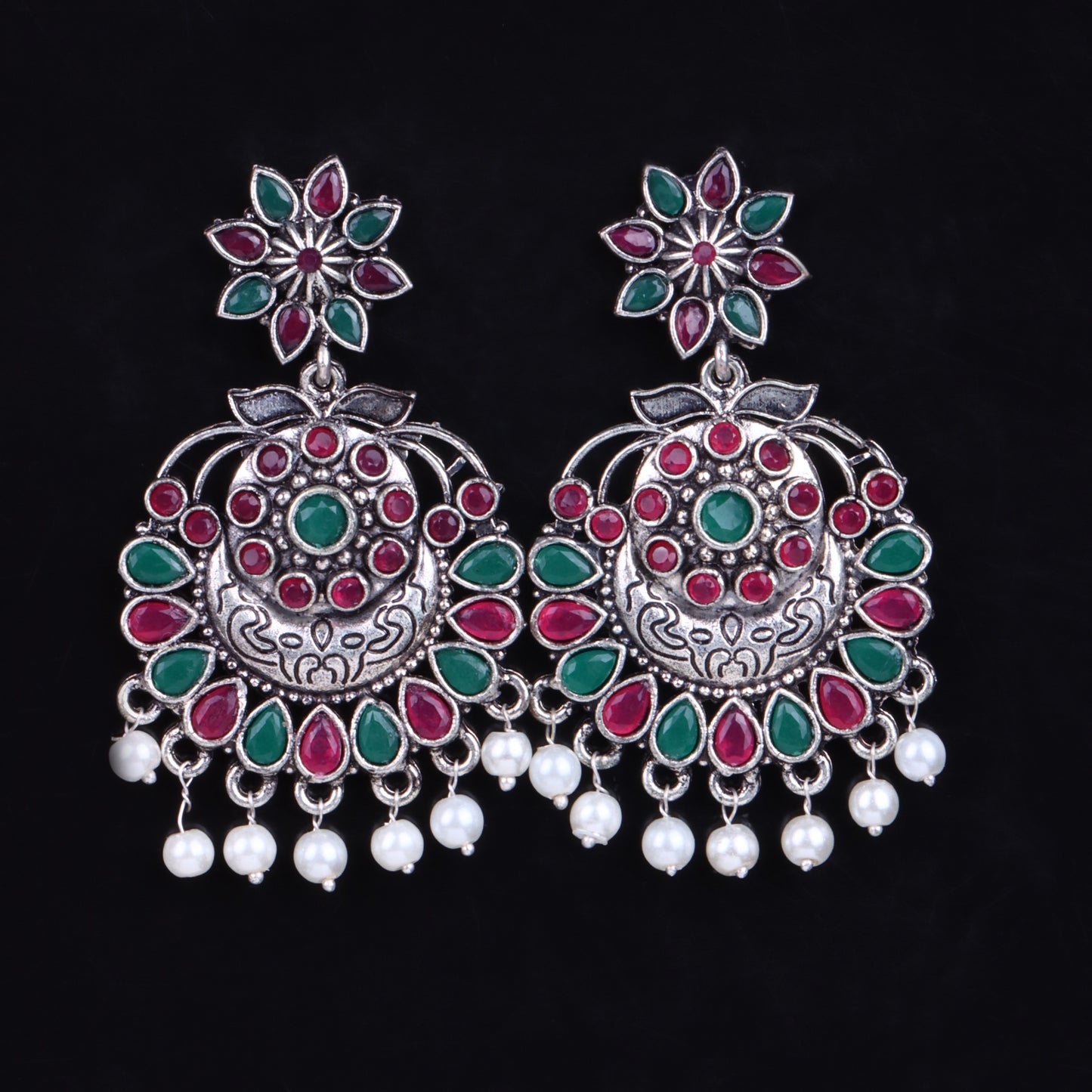 Multicolored Stone Studded Statement Oxidised Earrings With Hanging Pearls