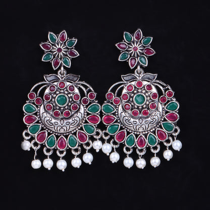 Multicolored Stone Studded Statement Oxidised Earrings With Hanging Pearls