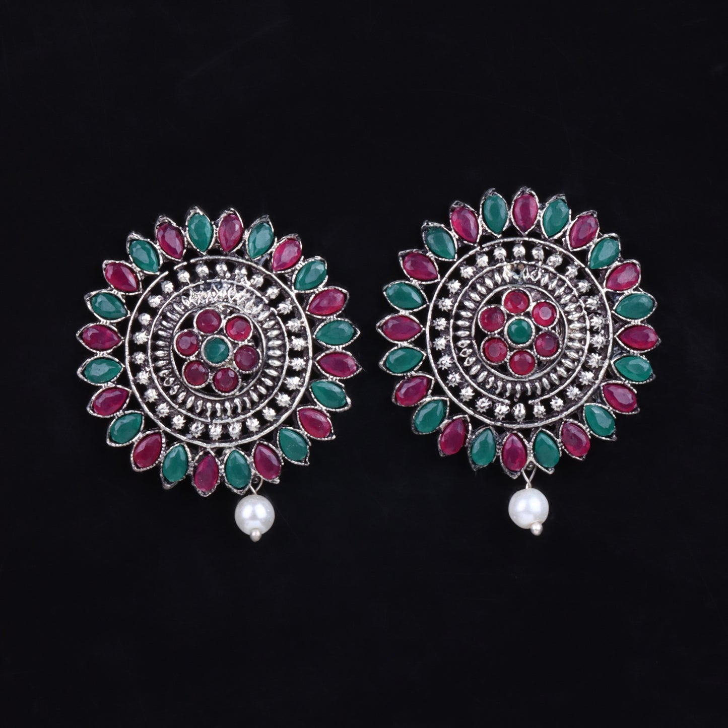 Multicolored Stone Studded Intricate Oxidised Stud Earrings