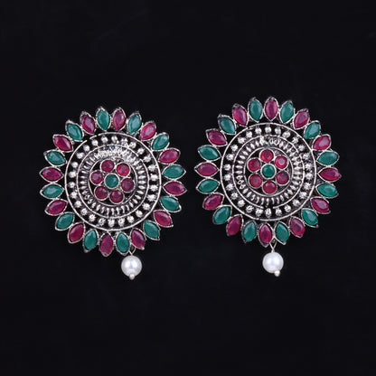 Multicolored Stone Studded Intricate Oxidised Stud Earrings