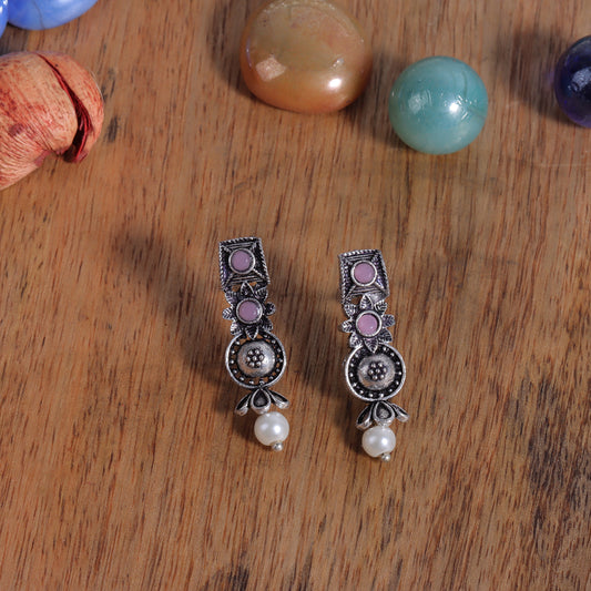 Baby Pink Stone Studded Beautiful Oxidised Studs With Hanging Pearl