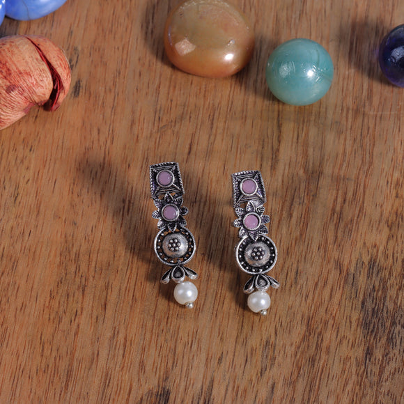 Baby Pink Stone Studded Beautiful Oxidised Studs With Hanging Pearl
