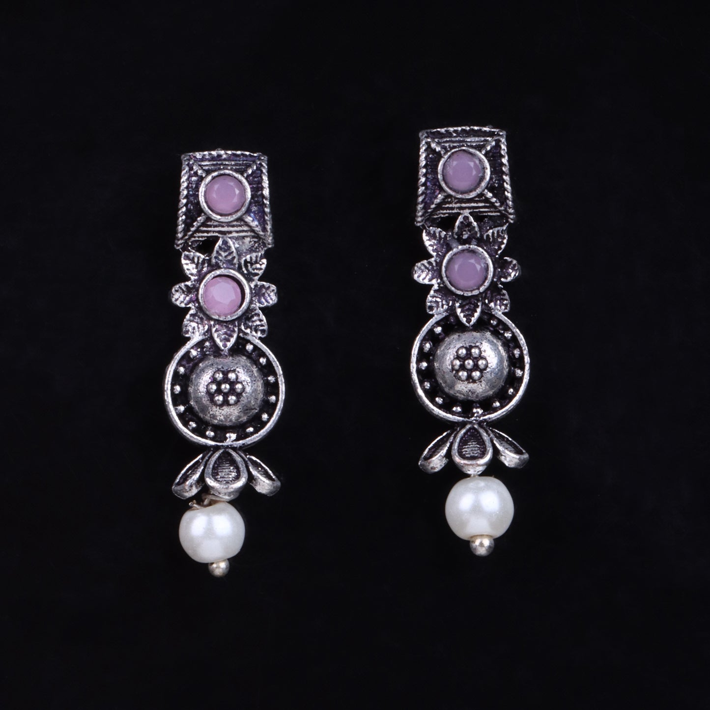 Baby Pink Stone Studded Beautiful Oxidised Studs With Hanging Pearl