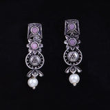 Baby Pink Stone Studded Beautiful Oxidised Studs With Hanging Pearl