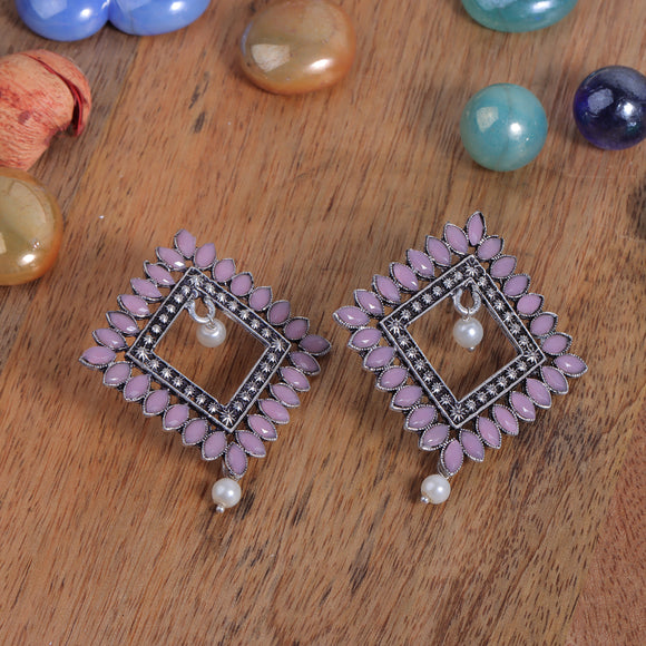 Baby Pink Stone Studded Square German Silver Earrings