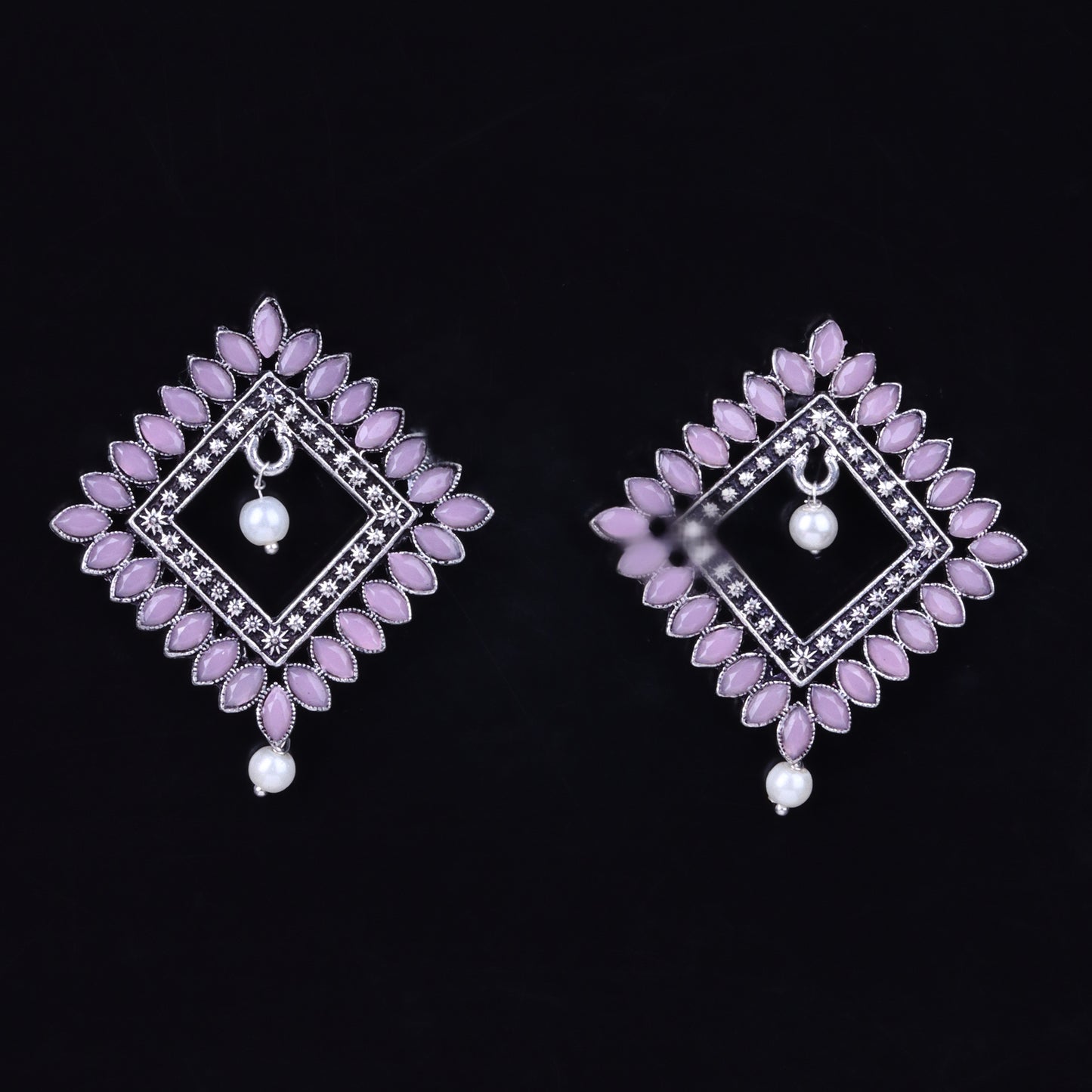 Baby Pink Stone Studded Square German Silver Earrings
