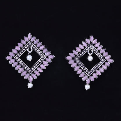 Baby Pink Stone Studded Square German Silver Earrings
