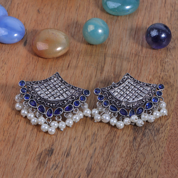 Blue Stone Studded Lotus Petal Shaped Oxidised Earrings With Hanging Line Of Pearl
