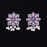 Baby Pink Stone Stone Studded Oxidised Earrings With Hanging Pearls