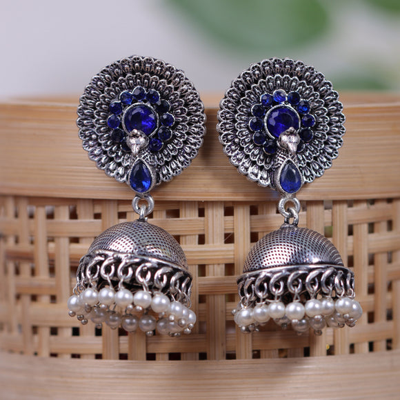 Blue Stone Embellished German Silver Earrings With Hanging Pearls