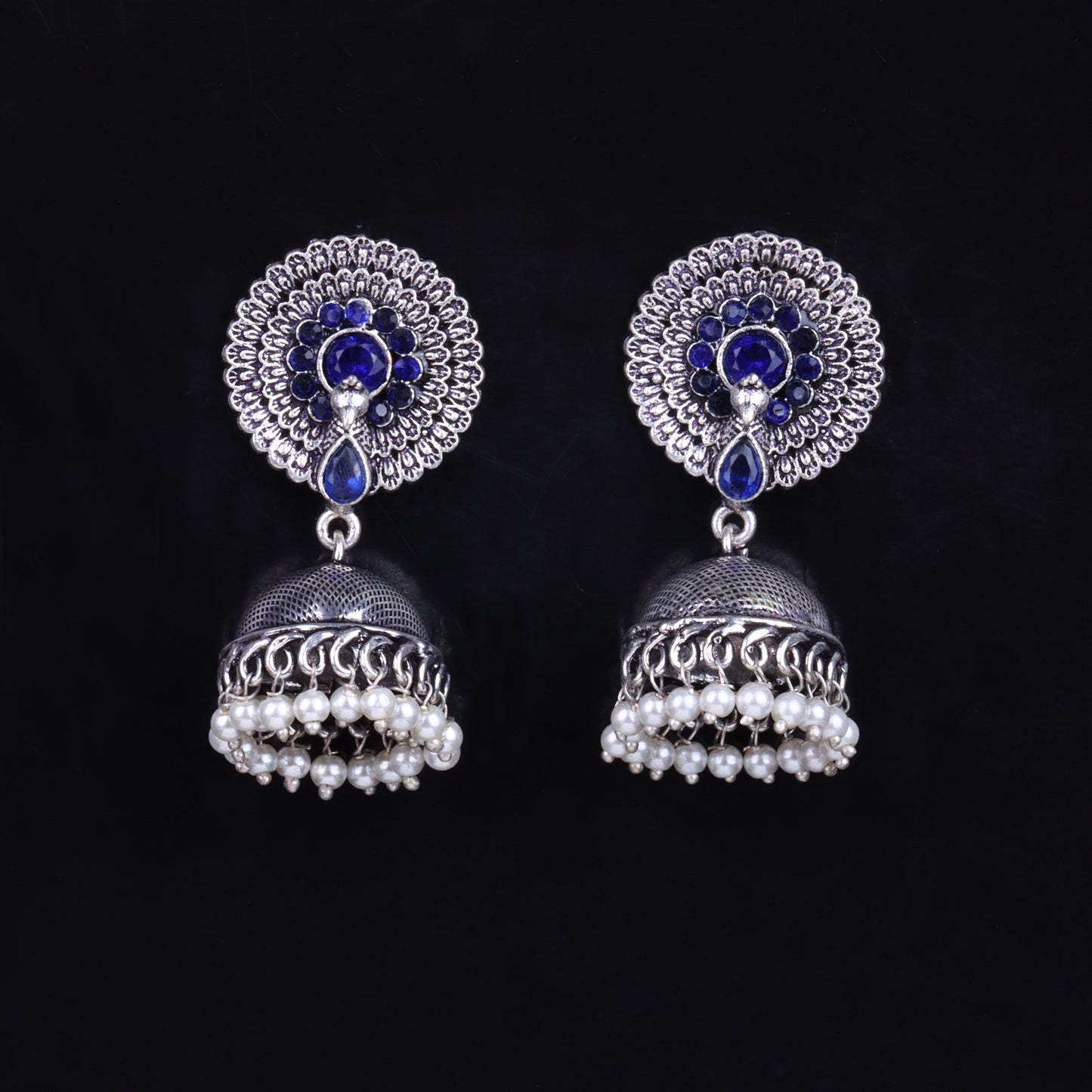 Blue Stone Embellished German Silver Earrings With Hanging Pearls