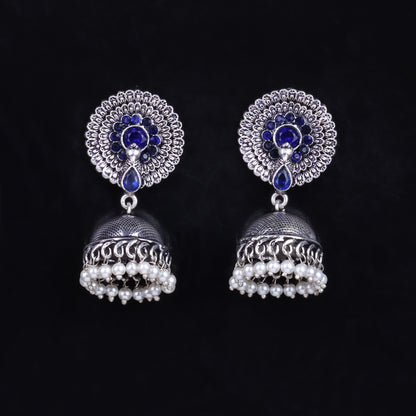 Blue Stone Embellished German Silver Earrings With Hanging Pearls