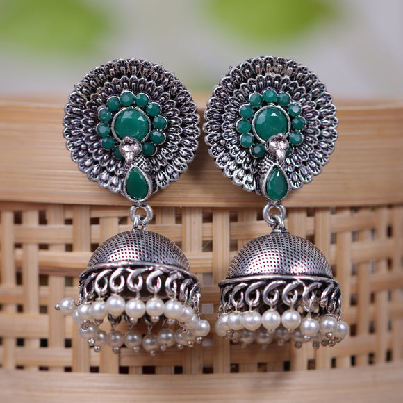 Green Stone Embellished German Silver Earrings With Hanging Pearls