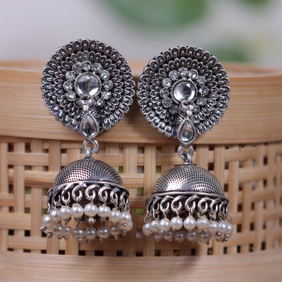 White Stone Embellished German Silver Earrings With Hanging Pearls