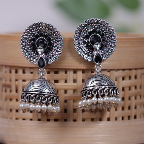Black Stone Embellished German Silver Earrings With Hanging Pearls