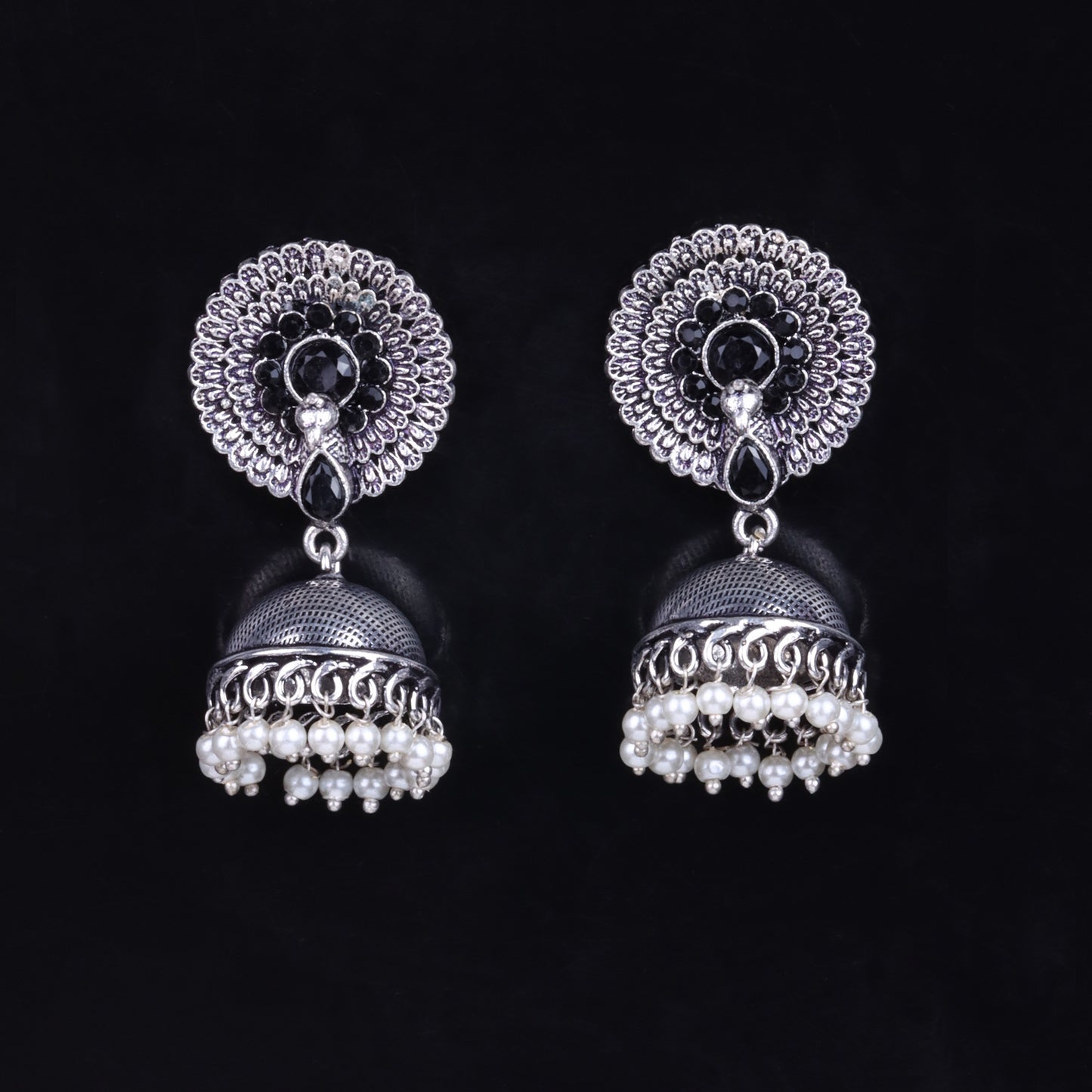 Black Stone Embellished German Silver Earrings With Hanging Pearls