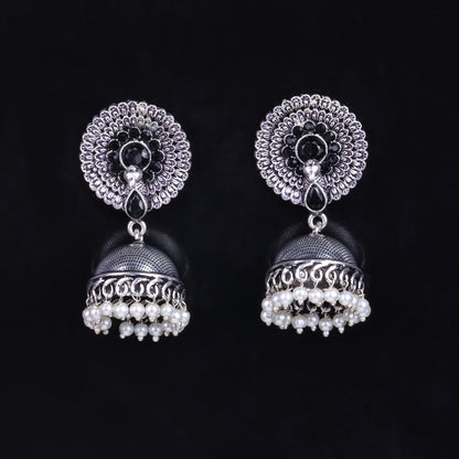 Black Stone Embellished German Silver Earrings With Hanging Pearls