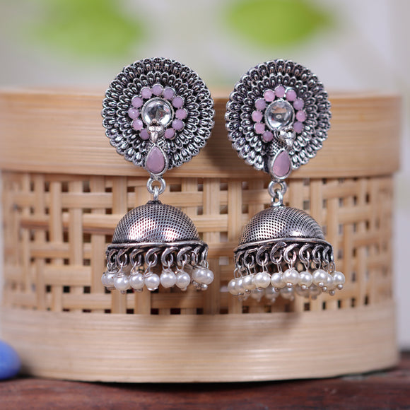 Baby Pink Stone Embellished German Silver Earrings With Hanging Pearls