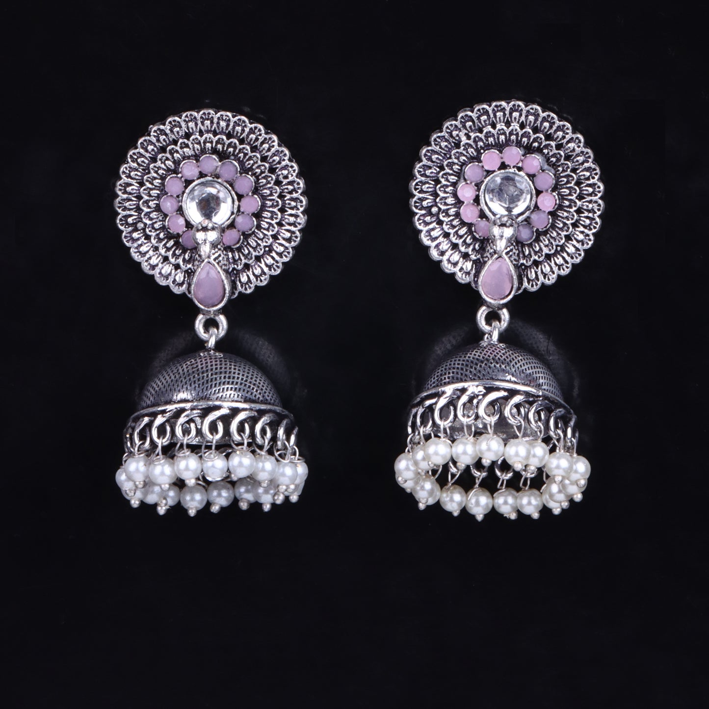 Baby Pink Stone Embellished German Silver Earrings With Hanging Pearls