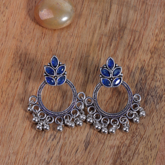 Blue Stone Studded Intricate Oxidised Earrings