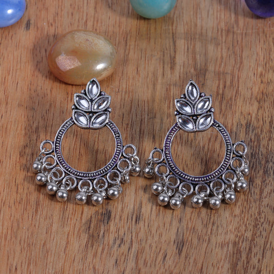 White Stone Studded Intricate Oxidised Earrings