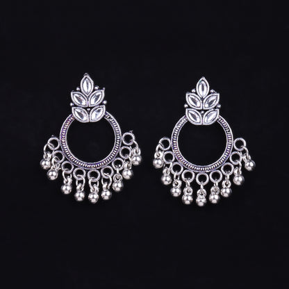 White Stone Studded Intricate Oxidised Earrings