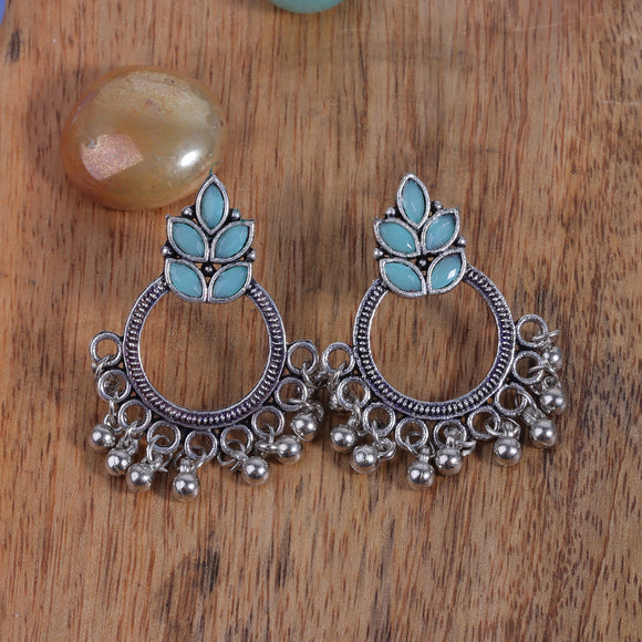 Mint Stone Studded Intricate Oxidised Earrings