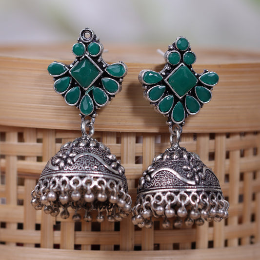 Green Stone Studded Hanging Brass Jhumki Danglers