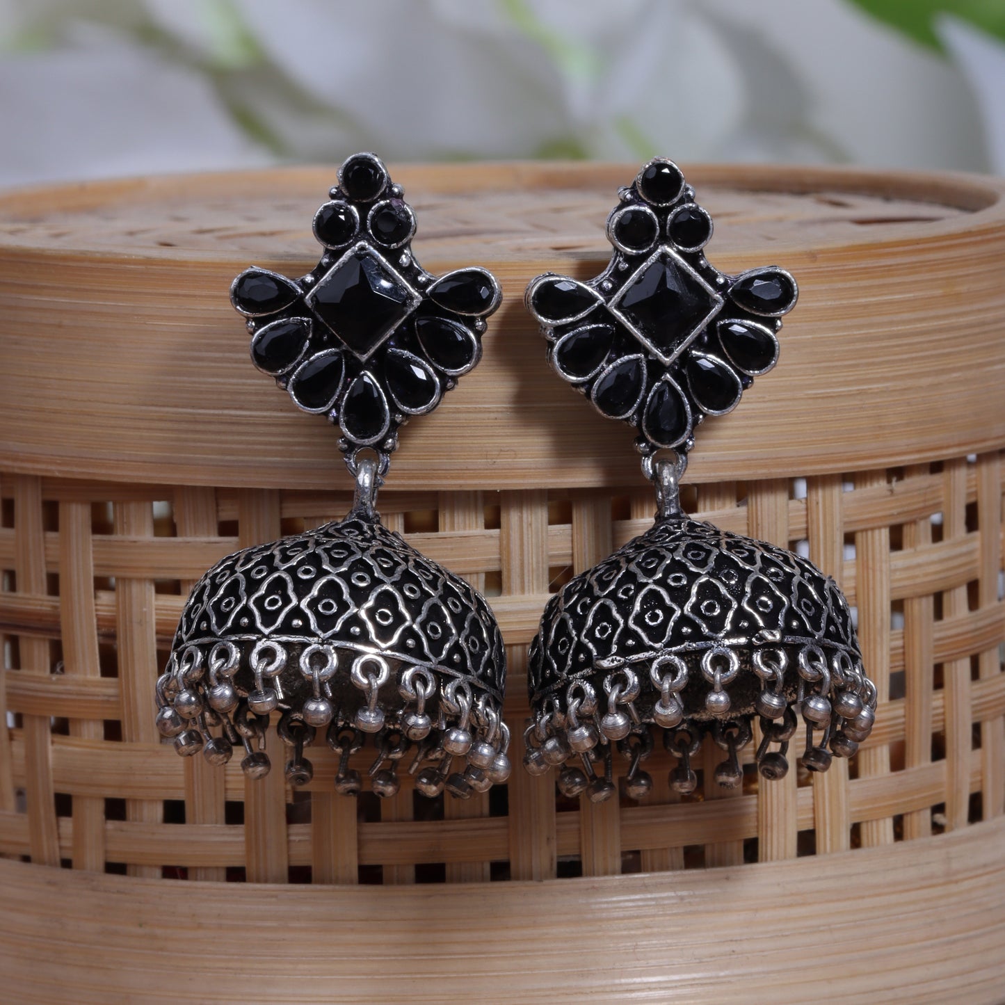 Black Stone Studded Hanging Brass Jhumki Danglers