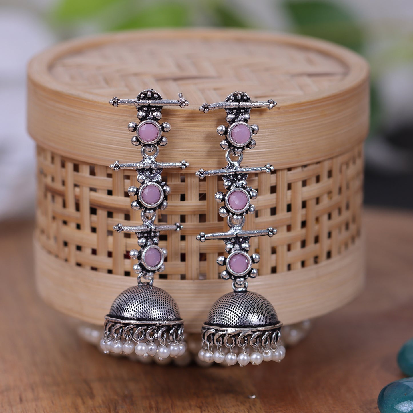 Baby Pink Stone Studded Triple Layered Jhumkas