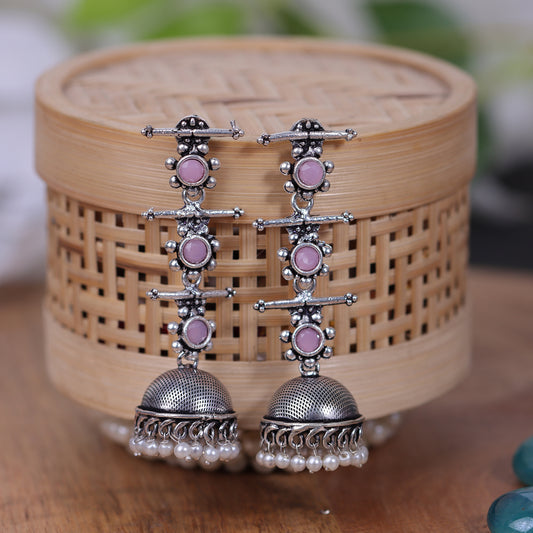 Baby Pink Stone Studded Triple Layered Jhumkas